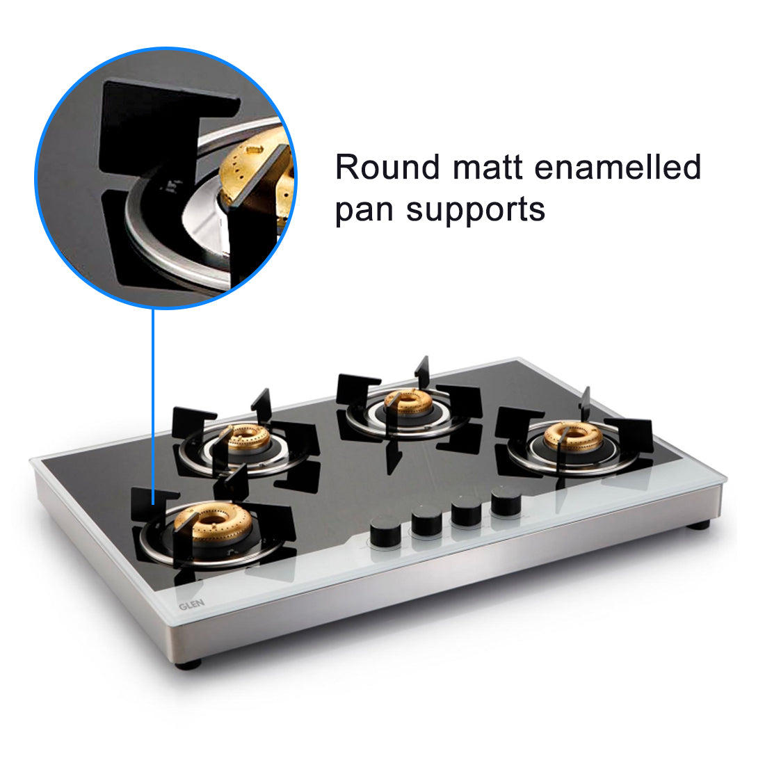 4 Burner Free Standing Glass Hob SS Frame Forged Brass Burner (1074 FSFB BW)