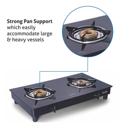 GLEN 2 Burner Glass Gas Stove Extra Large with Brass Burner Black (CT1022GTXLBBBL)