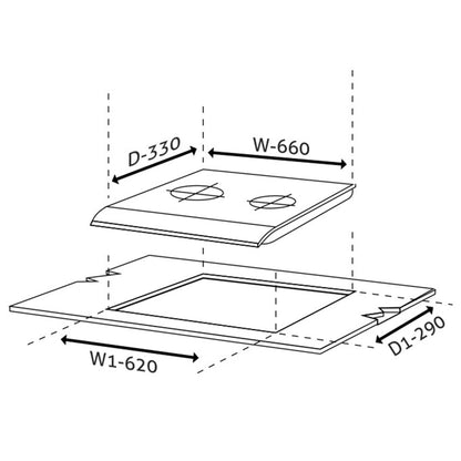 2 Burner Glass Hob Top with Double Ring Forged Brass Burners Auto Ignition (1022 SQ HT DB)