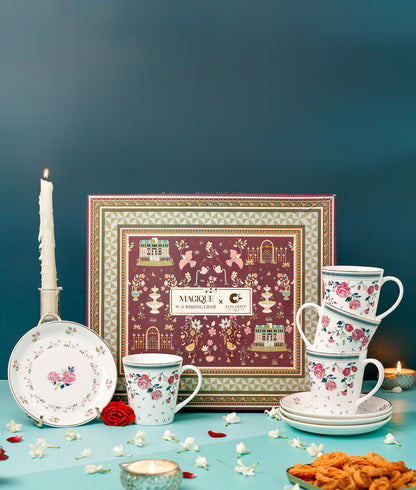 Claycraft Magique by The Wishing Chair x Clay Craft, Portrait of a Rose Zing Coffee Mug with Dessert Plates Set of 8 Pcs (4 Mugs + 4 Plate)