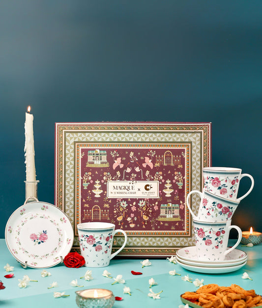 Claycraft Magique by The Wishing Chair x Clay Craft, Portrait of a Rose Zing Coffee Mug with Dessert Plates Set of 8 Pcs (4 Mugs + 4 Plate)