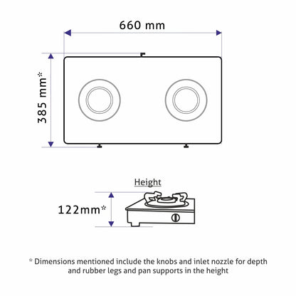 2 Burner Glass Gas Stove with High Flame Brass Burner Crown Pan Supports (CT 1022 GT BB BL HF CP) - Manual/Auto Ignition