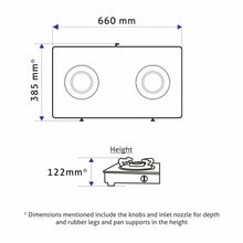 2 Burner Glass Gas Stove with High Flame Brass Burner Crown Pan Supports (CT 1022 GT BB BL HF CP) - Manual/Auto Ignition