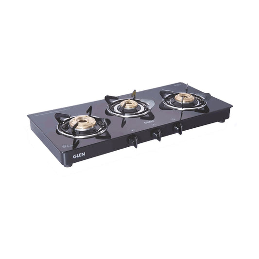 GLEN 3 Burner PNG Glass Gas Stove with High Flame Brass Burner Extra Large Black (CT1033GTXLBBBLPN)