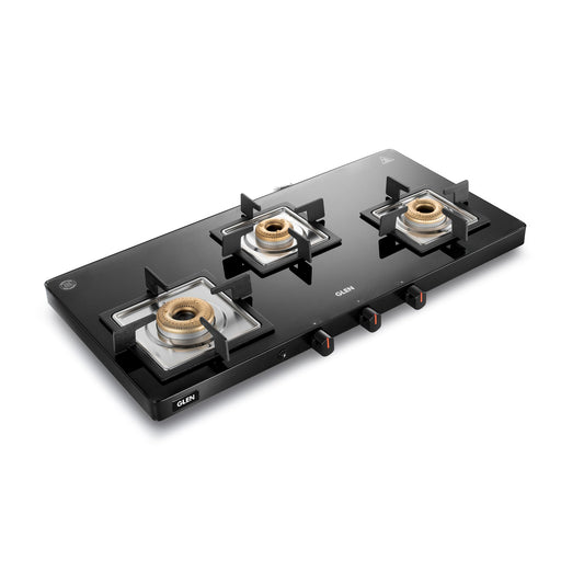 GLEN 3 Burner Ultra Slim Glass PNG Gas Stove with High Flame Forged Brass Burner - Manual/Auto Ignition (CT1035USBLPN)