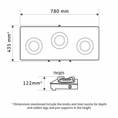 GLEN 3 Burner PNG Glass Gas Stove with High Flame Brass Burner and Crown Pan Supports (CT1038GTBBBLHFCPPN)