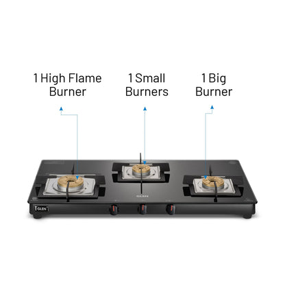 GLEN 3 Burner Slim Glass Gas Stove with High Flame Forged Brass Burner - Manual/Auto Ignition (CT1038SLSQBLFB)