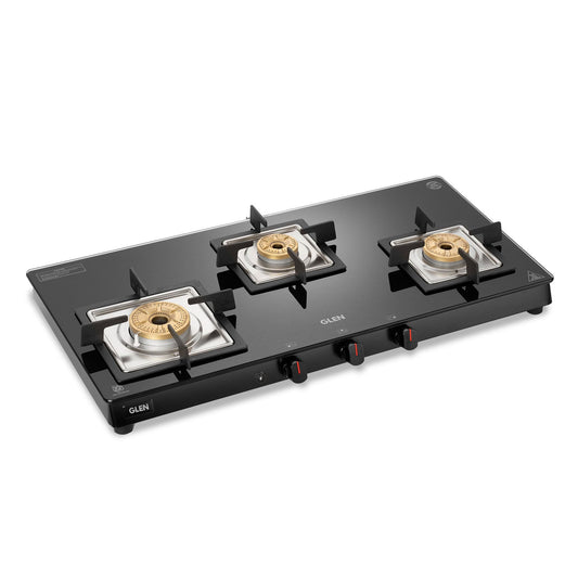 GLEN 3 Burner Slim Glass Gas Stove with High Flame Forged Brass Burner - Manual/Auto Ignition (CT1038SLSQBLFB)