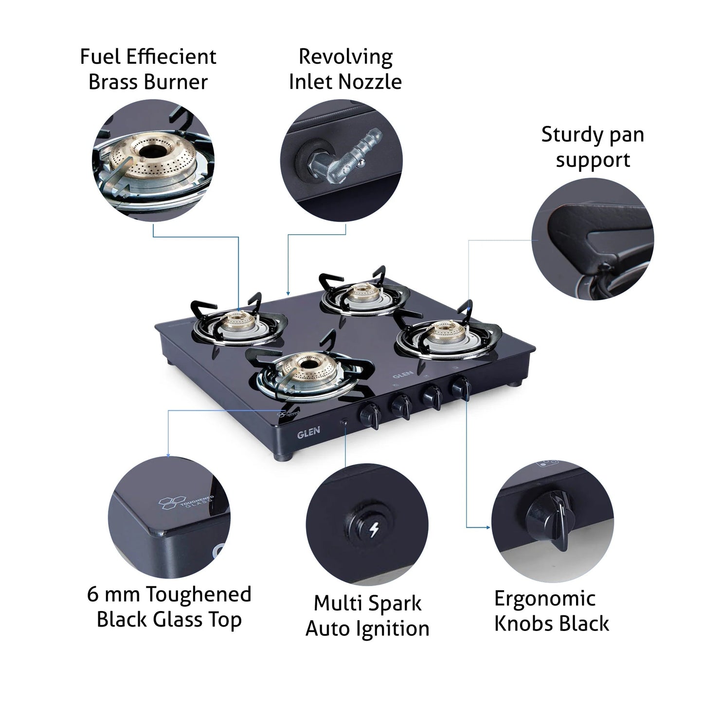 4 Burner Glass Gas Stove 1 High Flame 3 Brass Burners Double Drip Trays Black Auto Ignition (1043 GT HFBB DD BL AI)
