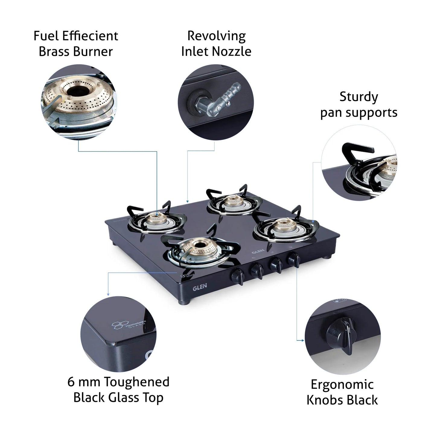 4 Burner Glass Gas Stove 1 High Flame 3 Brass Burners Double Drip Trays Black (1043 GT HFBB DD BL)