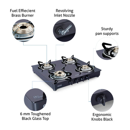 4 Burner Glass Gas Stove 1 High Flame 3 Brass Burners Double Drip Trays Black (1043 GT HFBB DD BL)