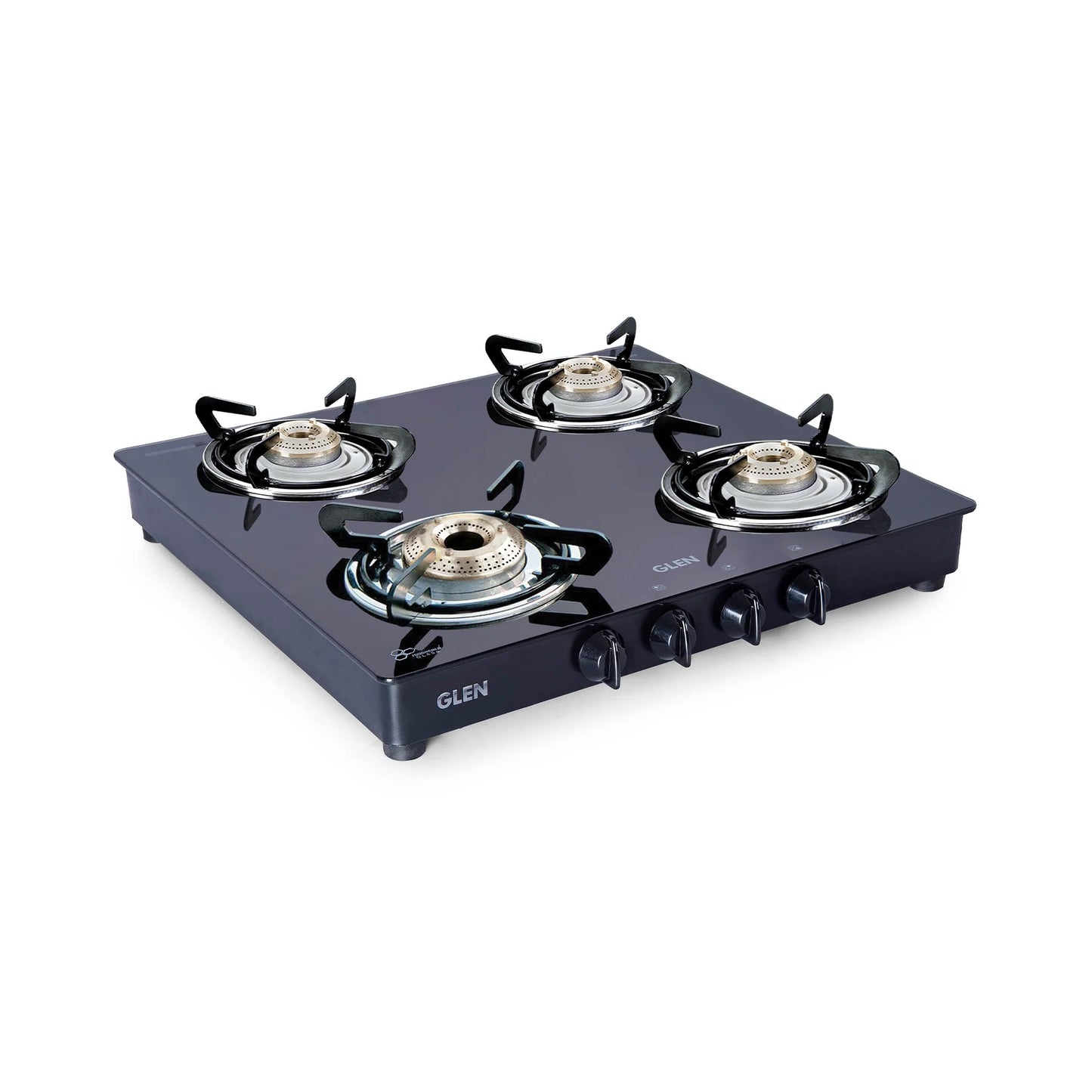 4 Burner Glass Gas Stove 1 High Flame 3 Brass Burners Double Drip Trays Black (1043 GT HFBB DD BL)