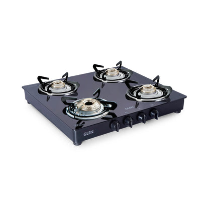 4 Burner Glass Gas Stove 1 High Flame 3 Brass Burners Double Drip Trays Black (1043 GT HFBB DD BL)