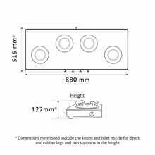 4 Burner Glass Gas Stove with High Flame Brass Burner and Crown Pan Supports (CT 1044 GT BB BL HF CP) - Manual/Auto Ignition