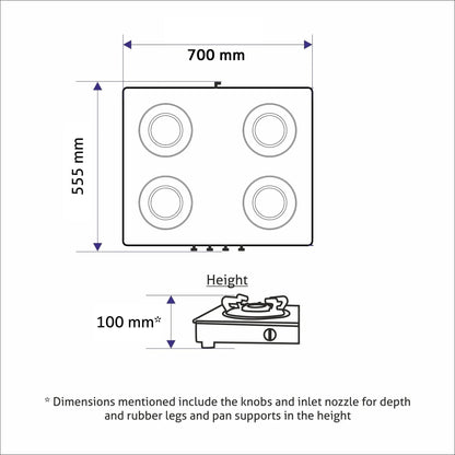 GLEN 4 Burner PNG Ultra Slim Glass Gas Stove 1 High Flame 3 Forged Brass Burner - Manual / Auto Ignition (CT1047USBLPN)