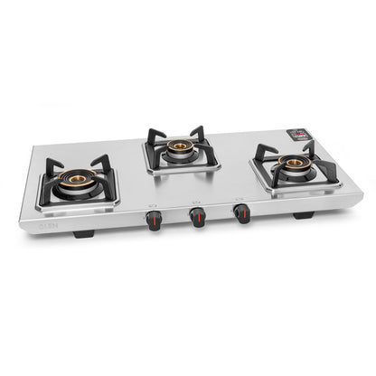 GLEN 3 Burner Ultra Tuff Stainless Steel Gas Stove with Multi Ring Forged Brass Burner & Drip trays (CT1053UTDTSS)