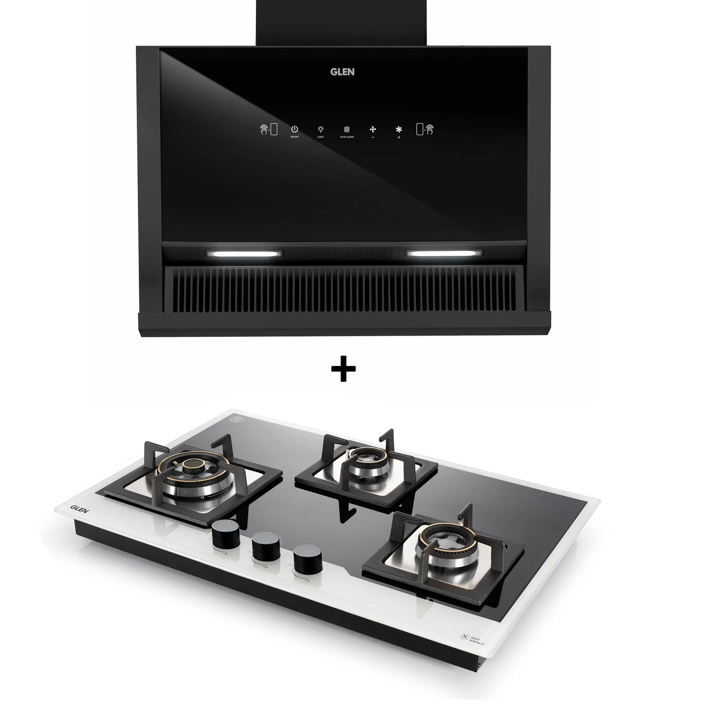 3 Burner Glass Hob Top (1073XLHTDBBW) + Auto Clean Glass Filterless Chimney 75cm 1200m3/h (6072SXAC)