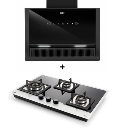 3 Burner Glass Hob Top (1073XLHTDBBW) + Auto Clean Glass Filterless Chimney 75cm 1200m3/h (6072SXAC)