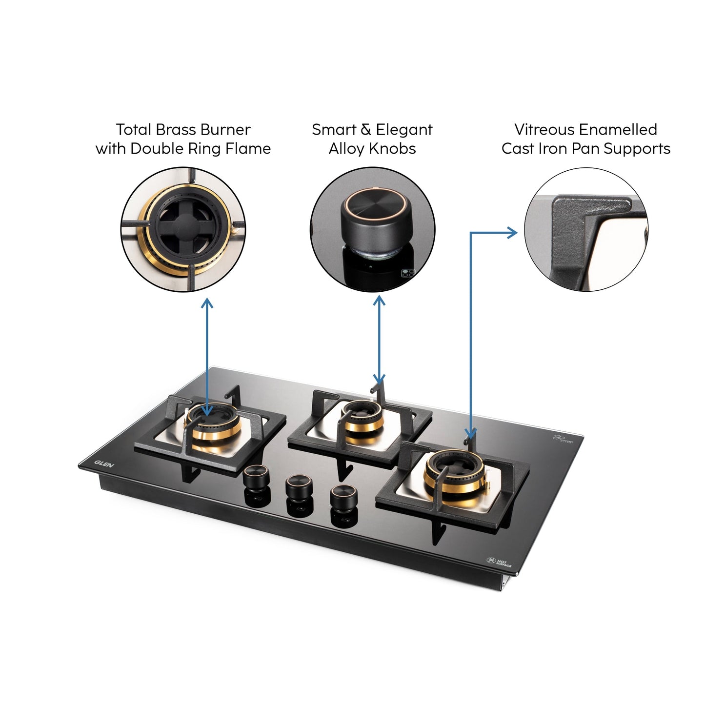 3 Burner Glass Gas Hob Top with Total Double Ring Brass Burner (BH1073SQHTTDB)