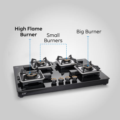 GLEN 4 Burner Swift Glass Gas Stove with Multi Ring Forged Brass Burners (CT1044GTBLSWIFT)