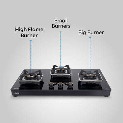 GLEN 3 Burner Swift Glass Gas Stove with Multi Ring Forged Brass Burners (CT1038GTBLSWIFT)
