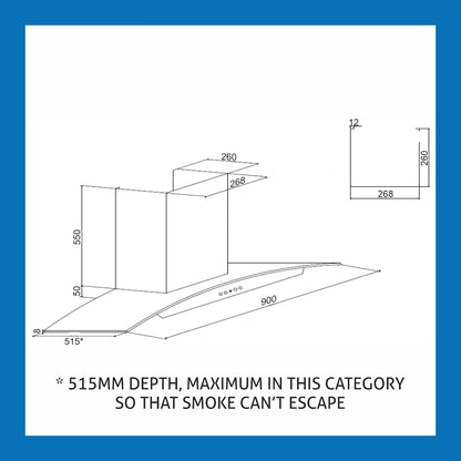 Kitchen Chimney Curved Glass with Push Button Baffle filters 90cm 1250 m3/h -Black (6071 BL)