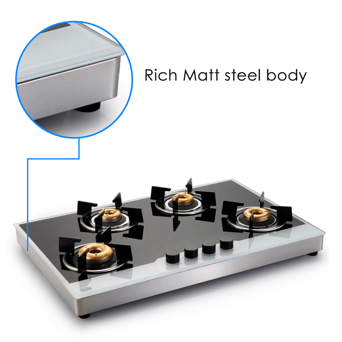 4 Burner Free Standing Glass Hob SS Frame Forged Brass Burner (1074 FSFB BW)