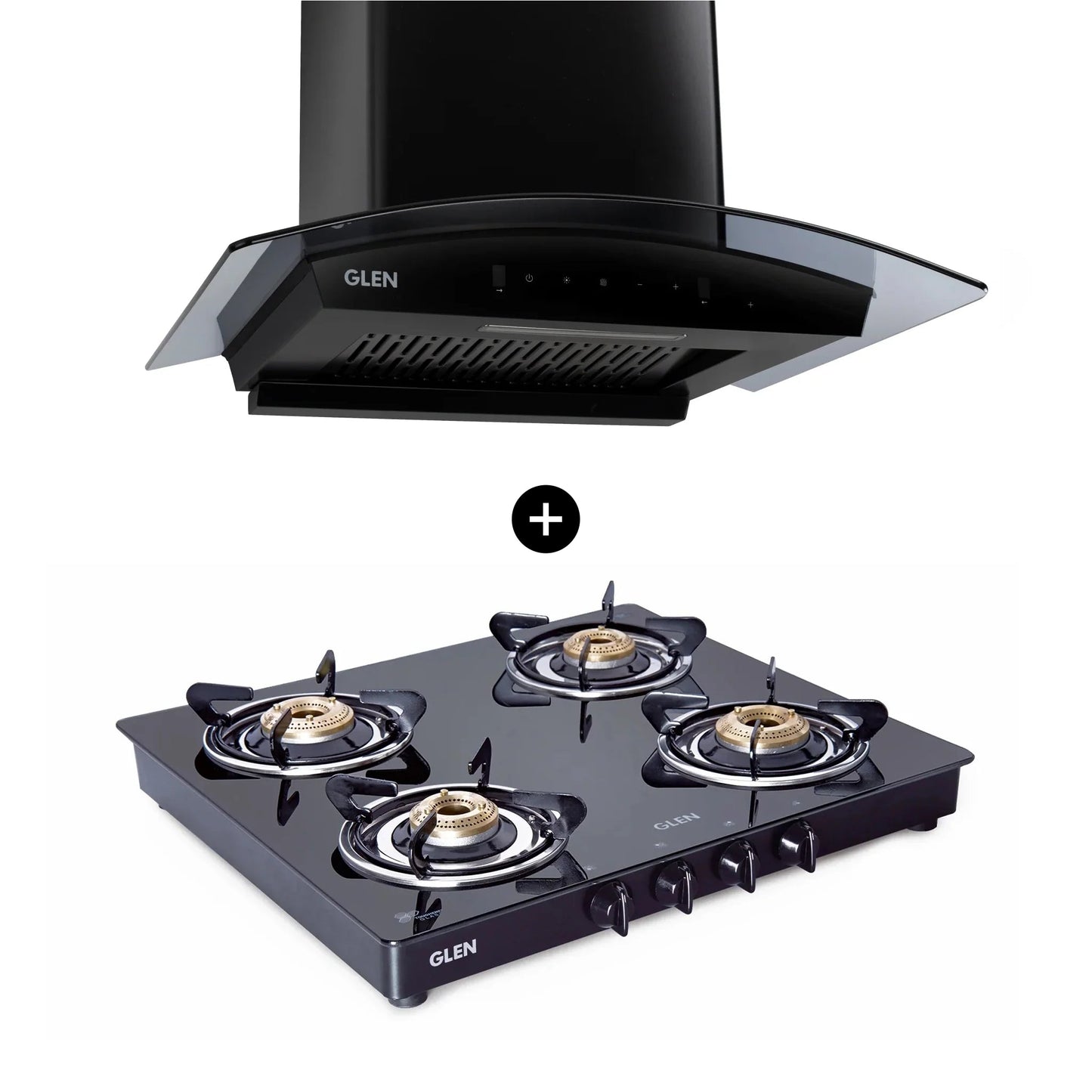 4 Burner Glass Gas Stove with Brass Burner (1041 GT BB BL) + Auto Clean Glass Filterless Chimney 60cm 1200m3/h (6059 BL AC)