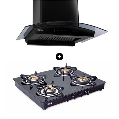 4 Burner Glass Gas Stove with Brass Burner (1041 GT BB BL) + Auto Clean Glass Filterless Chimney 60cm 1200m3/h (6059 BL AC)