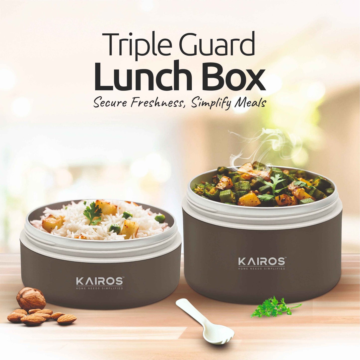 KAIROS Triple Guard Lunch Box-2 Round Tiffin Boxes with Lid 1 Insulated Bag (300ml and 500ml) | Leakproof Stainless Steel Lunch Box + Insulated Bag