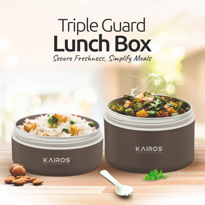 KAIROS Triple Guard Lunch Box-2 Round Tiffin Boxes with Lid 1 Insulated Bag (300ml and 500ml) | Leakproof Stainless Steel Lunch Box + Insulated Bag