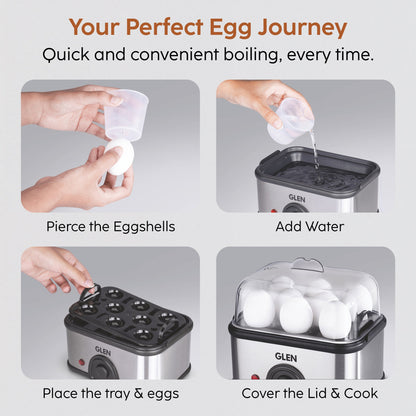 GLEN Egg Boiler Steamer | Boils upto 8 Eggs | Ready Indicator, Extra Steaming Rack for Vegetables | Auto shut Off, Push Button Start 350W (SA3036EBS)