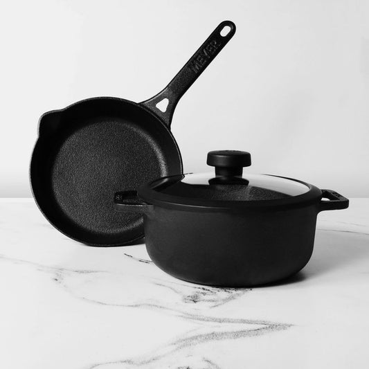 Meyer Pre-Seasoned Cast Iron 3 Piece Cookware Set ( 24cm Frypan + 24cm Dutch Oven + Interchangeable Lid)