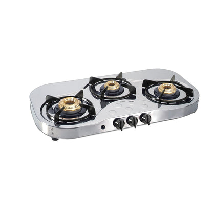 3 Burner  Stainless Steel Gas Stove with High Flame Brass Burner (1035 SS HF BB) - Manual/Auto Ignition