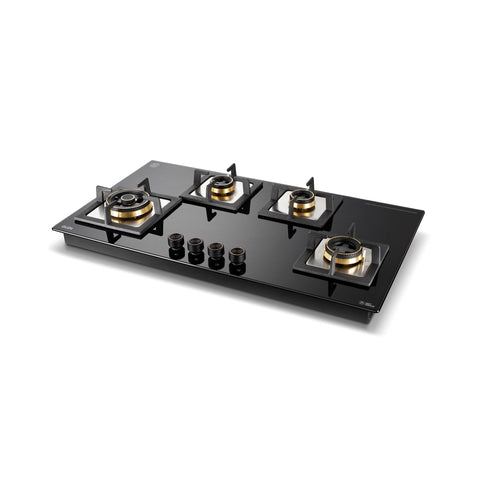 4 Burner Glass Gas Hob Top with Triple Ring, Total Double Ring Brass Burner (1094XLCIHTTDBTR)