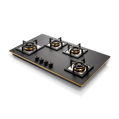 4 Burner Glass Gas Hob Top with Triple Ring, Total Double Ring Brass Burner (1094XLCIHTT2TRMG)