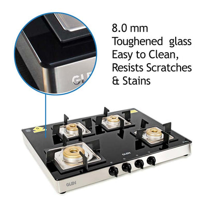 4 Burner Glass Gas Stove 1 High Flame 3 Forged Brass Burner 70 CM (1048 GT SQFB)