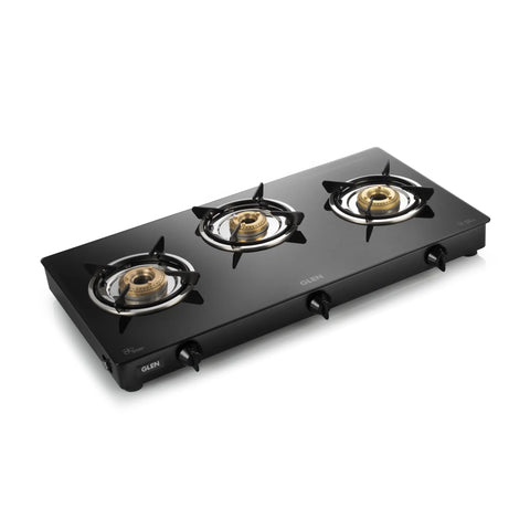 3 Burner  Glass Gas Stove with Brass Burner Black (1034GT BB BL)
