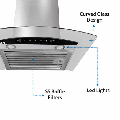 Auto Clean Chimney Curved Glass Baffle Filters with Motion Sensor 60/90cm 1200 mB3/h - Silver (6063 SS)