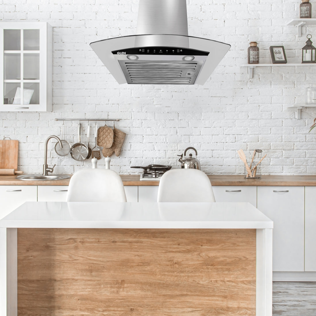 Auto Clean Chimney Curved Glass Baffle Filters with Motion Sensor 60/90cm 1200 mB3/h - Silver (6063 SS)