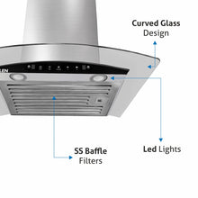 Auto Clean Chimney Curved Glass Baffle Filters with Motion Sensor 60/90cm 1200 mB3/h - Silver (6063 SS)