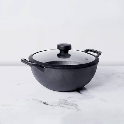 Meyer Pre Seasoned Cast Iron Deep Kadai/Wok with Glass Lid (20cm, 24cm)
