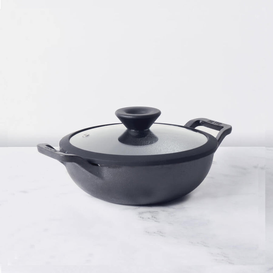 Meyer Pre Seasoned Cast Iron shallow Kadai With Glass Lid (Multiple Sizes)