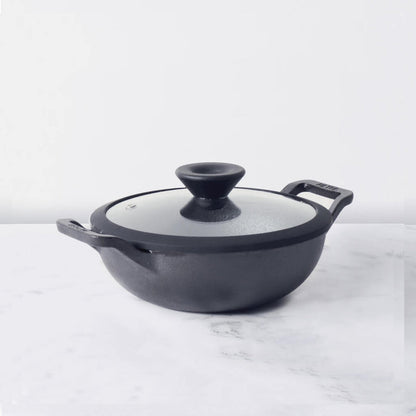 Meyer Pre Seasoned Cast Iron shallow Kadai With Glass Lid (Multiple Sizes)