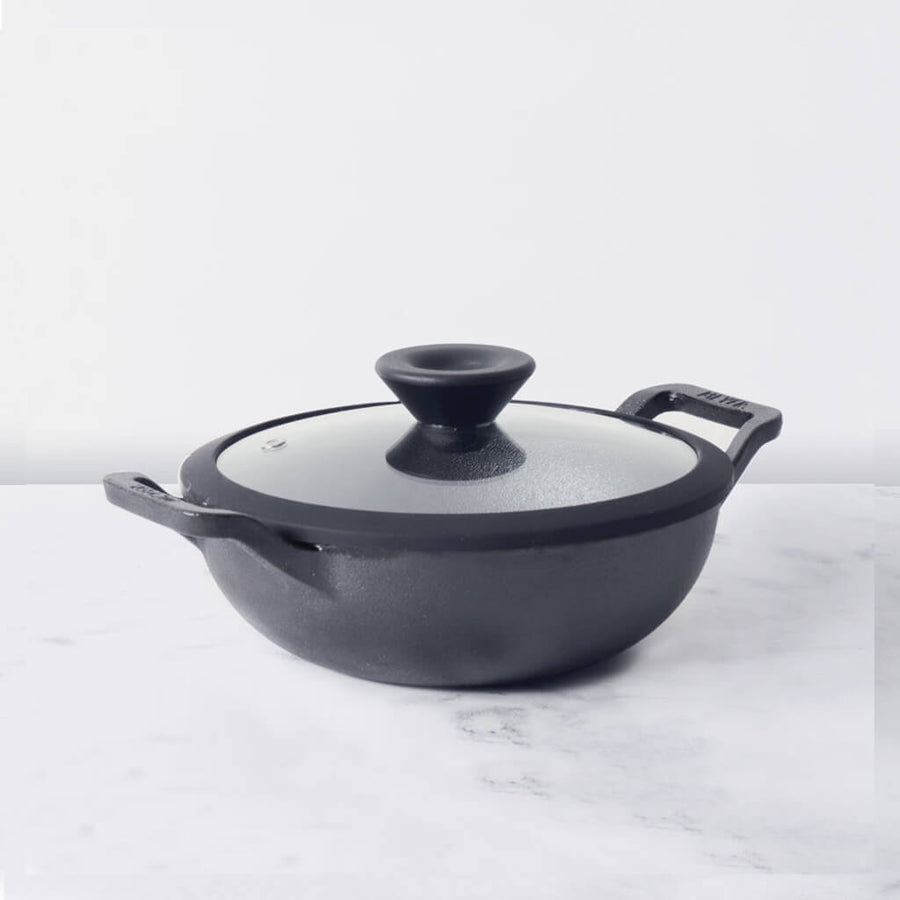 Meyer Pre Seasoned Cast Iron shallow Kadai With Glass Lid (Multiple Sizes)