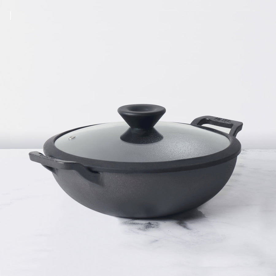 Meyer Pre Seasoned Cast Iron shallow Kadai With Glass Lid (Multiple Sizes)