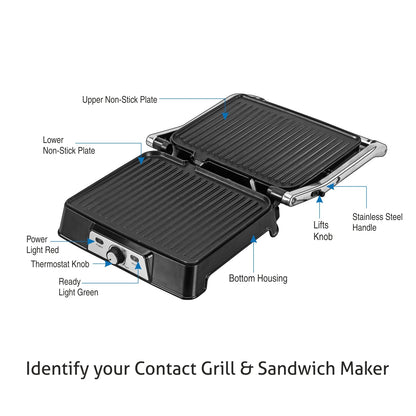 Electric Contact Grill & Sandwich Maker with 180-degree opening, Non-Stick Plates, 2000w - Silver (3037)