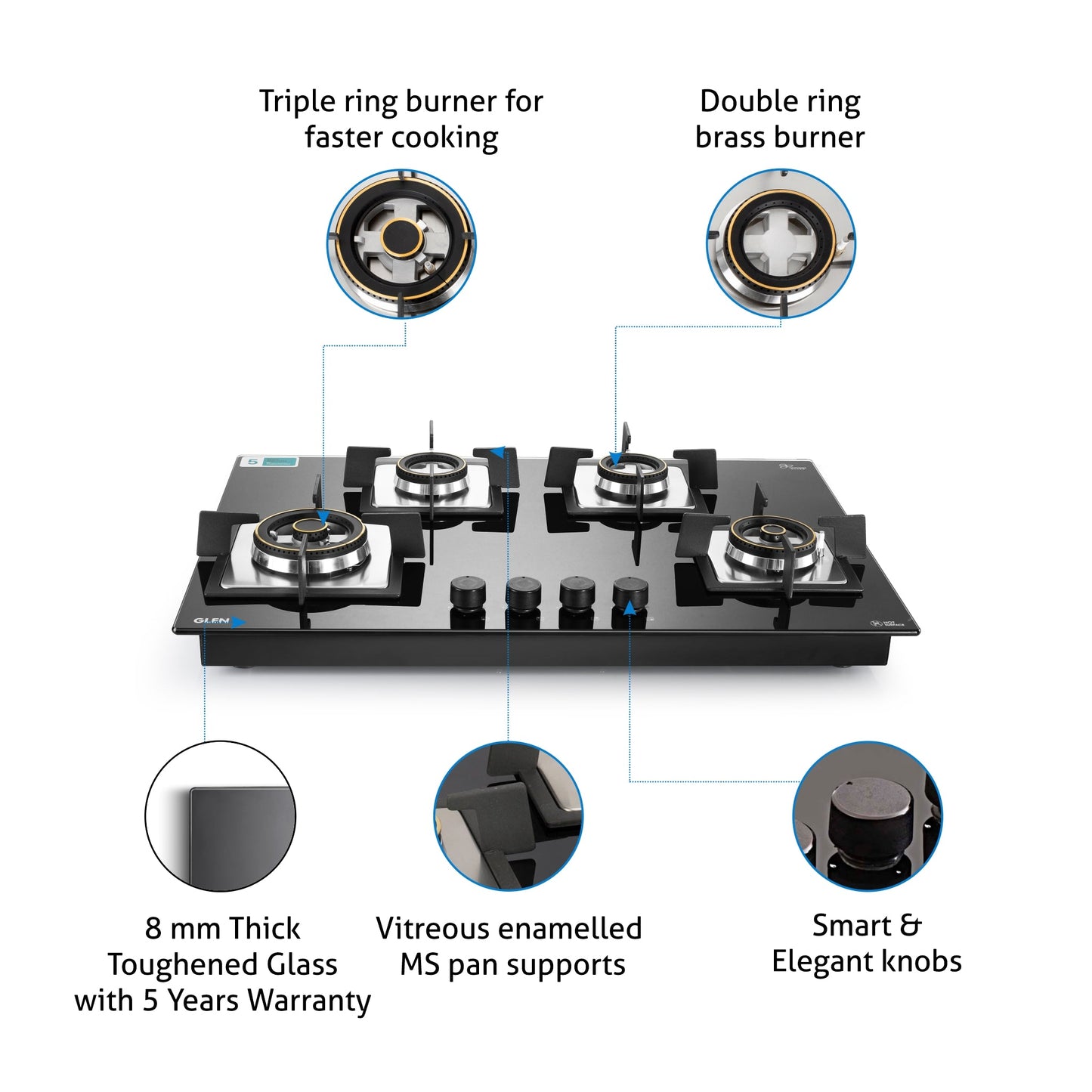 4 Burner Glass Gas Hob Top Triple Ring Burners Double Ring Forged Brass Burner Auto Ignition (1074SQHT2TR)