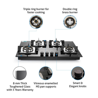 4 Burner Glass Gas Hob Top Triple Ring Burners Double Ring Forged Brass Burner Auto Ignition (1074SQHT2TR)