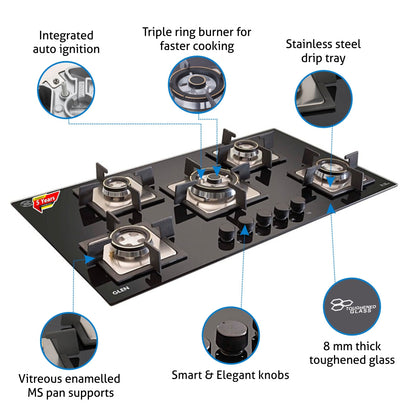 5 Burner Built-in Glass Gas Hob Triple Ring Burner Double Ring Forged Brass Burner Auto Ignition (1095 SQDBTR)